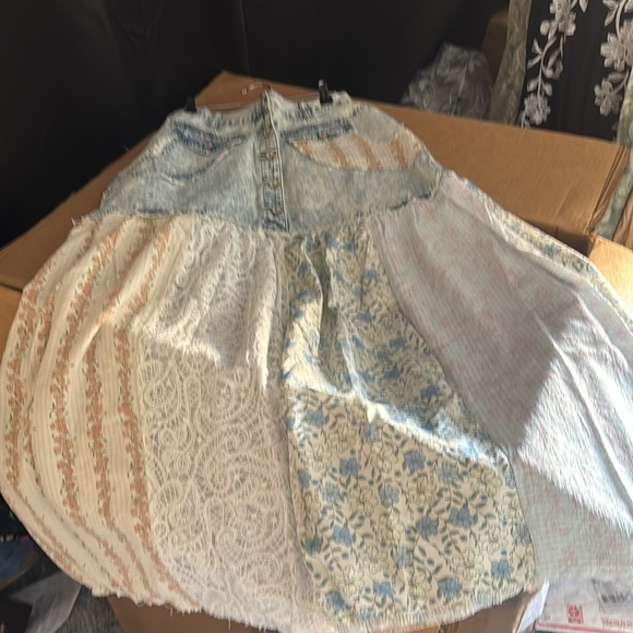 POL Patchwork Maxi Skirt in Light Blue, Cream, Tan - Picture 5 of 5